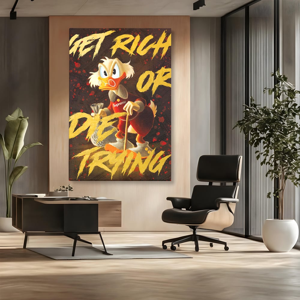 Tablou canvas cu tablou canvas cu scrooge mcduck, fara rama, pe sasiu de lemn, pe perete intr-un birou